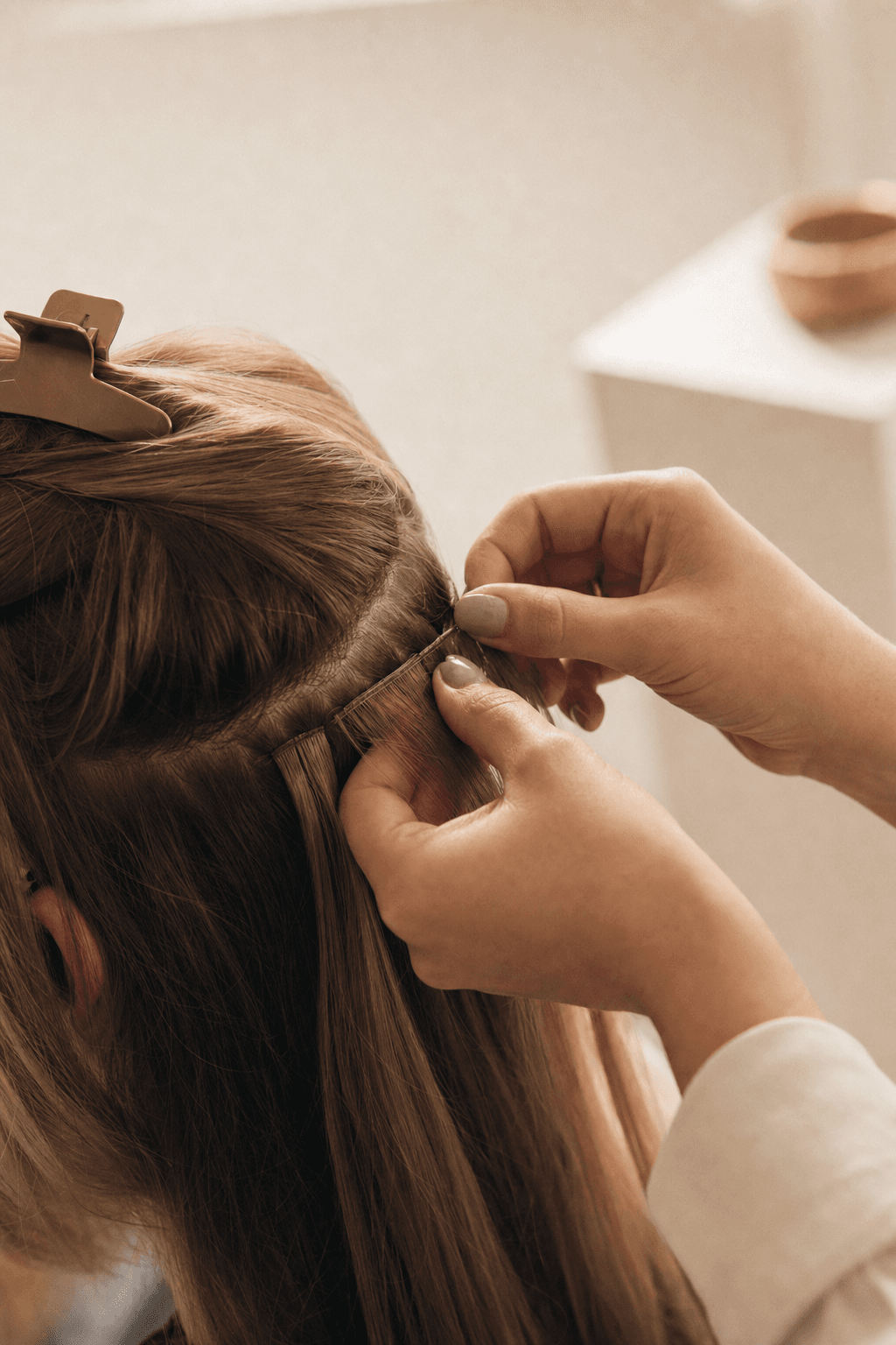 A stylist weaves a hand-tied hair extension